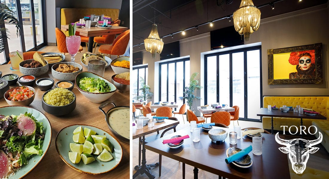 A shot of the Toro Cantina dining room next to a photo displaying a few of their dishes.